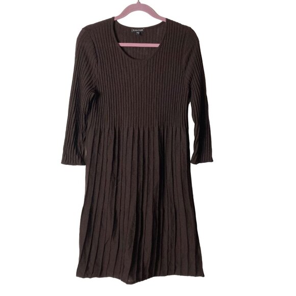 Eileen Fisher Wool Dress Sz S Brown Pleated Ribbed Lightweight Sweater Knit - Picture 1 of 13